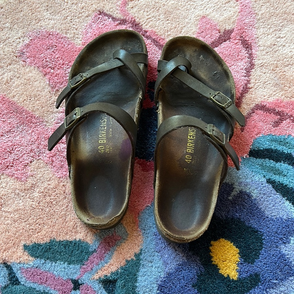 VERY used pair of women’s Birkenstock sandals, vegan leather, size 40